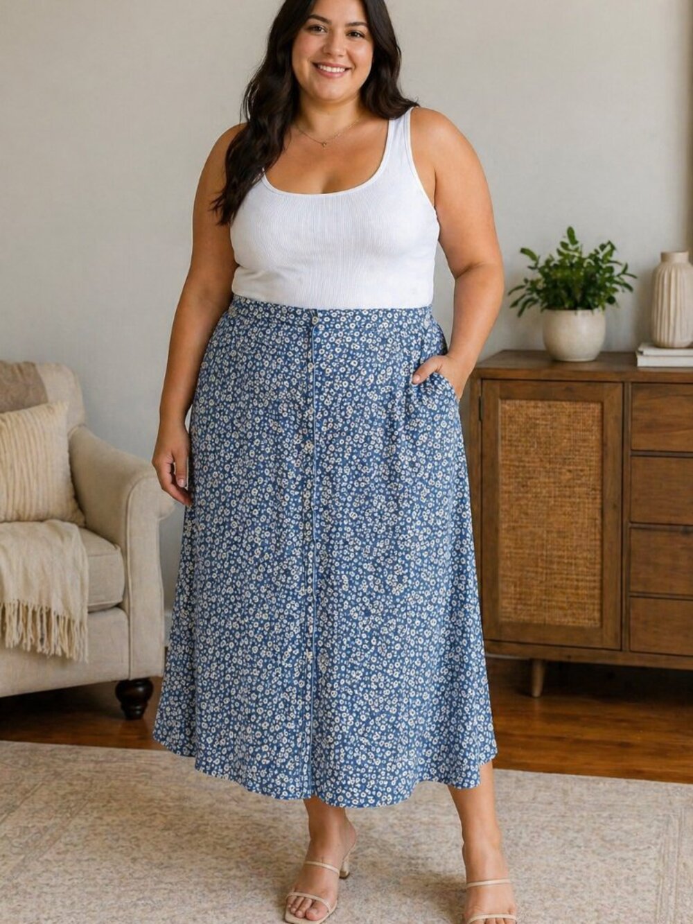 MAX STUDIO London Blue Floral Button Front Midi Skirt Size XL 🌼